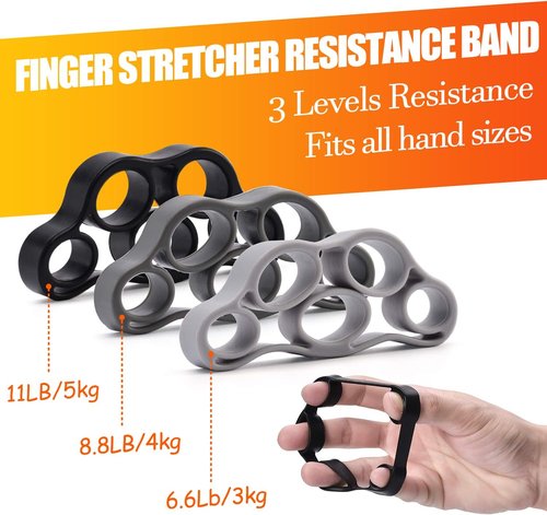 Grip Strength Trainer - 7 Pack Adjustable Finger Stretcher Resistance Bands | Hand Gripper & Stress Ball