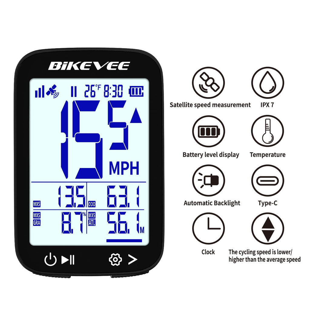 Bikevee GPS Bike Computer Wireless Cycling Computer with Auto Backlight, Waterproof Bicycle Speedometer Odometer for Road Mountain Bikes - Balck