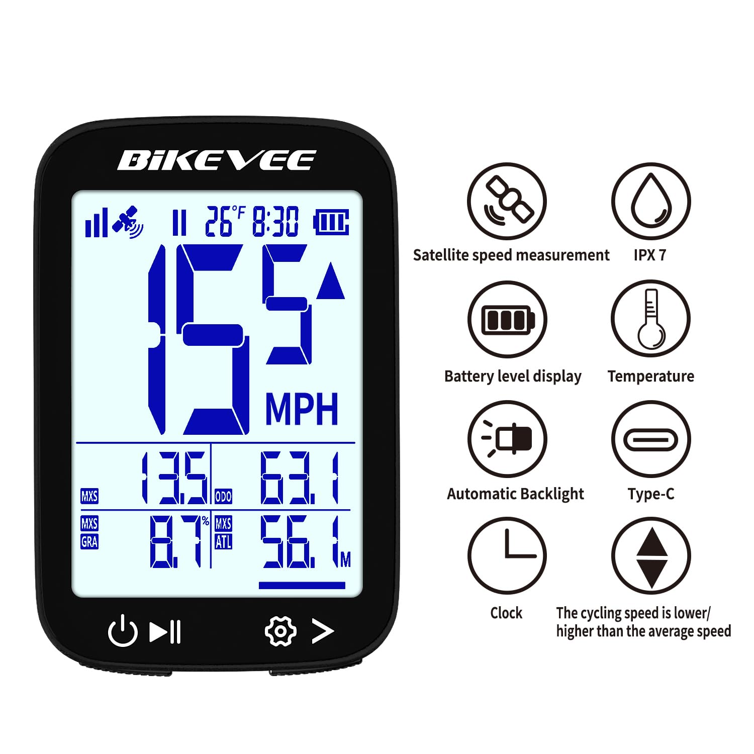 Bikevee GPS Bike Computer Wireless Cycling Computer with Auto Backlight, Waterproof Bicycle Speedometer Odometer for Road Mountain Bikes - Balck