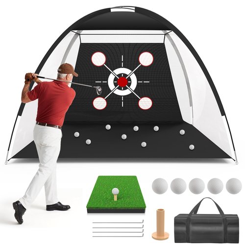 10x7FT Golf Hitting Net with Practice Mat – Complete Set for Backyard & Indoor Use | Includes Golf Balls, Rubber Tee, Carry Bag, Ground Stakes | Durable, Easy Setup, Ideal Gift for Golfers