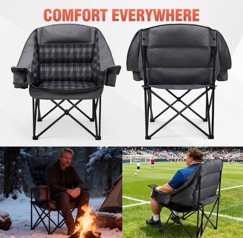 Pcuauld Camping Chairs for Adults Heavy Duty Padded Folding XL Camp Chairs with Cup Holder, Supports 500lbs, Oversized Large Outdoor Widen Comfy Lawn Chairs for Tailgating Sports Beach Yard