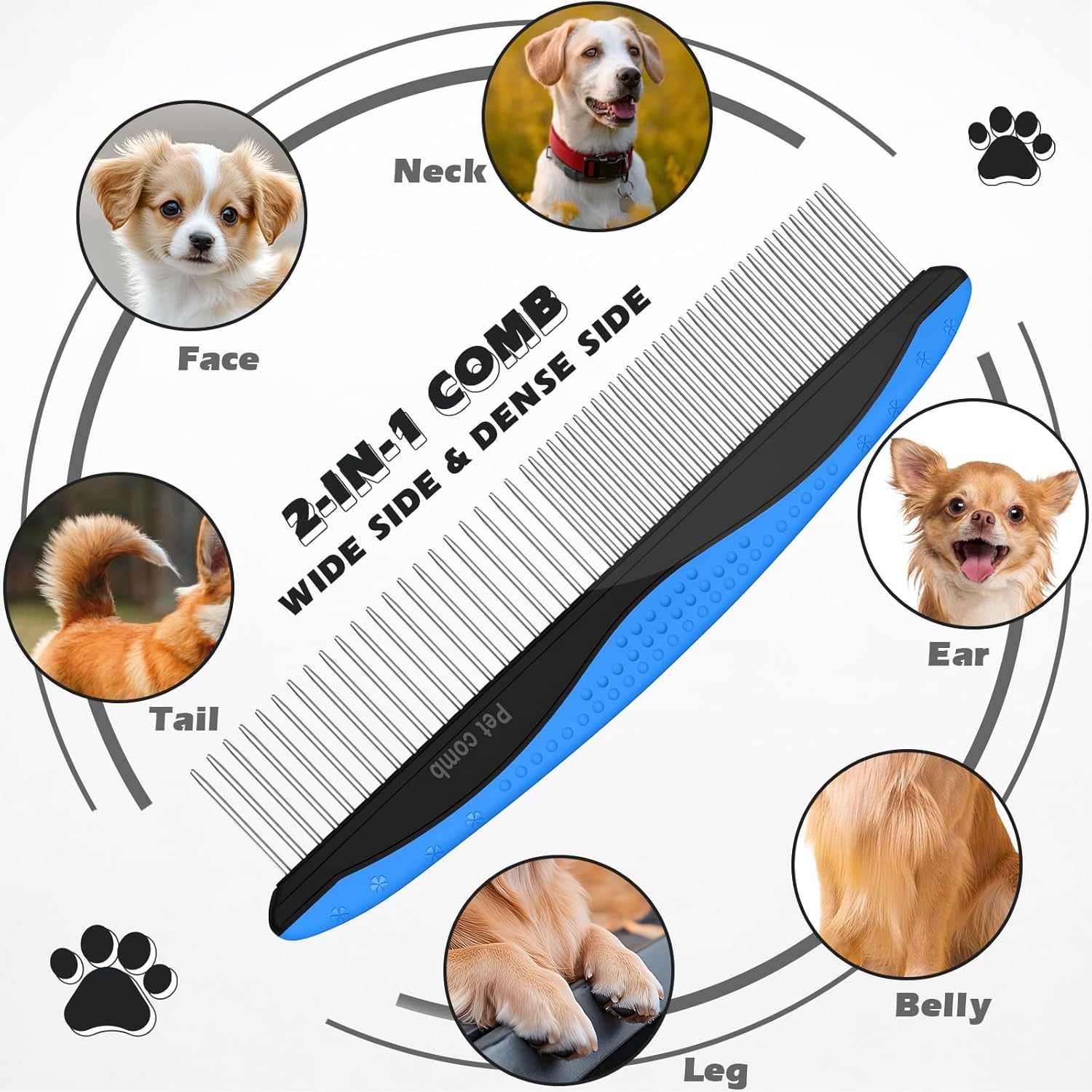 Skiennix Pet Grooming Set - 3PCS Double-Sided Rake, Metal Comb & Flea Comb for Cats & Dogs | Extra-Wide Deshedding Tool (Blue)