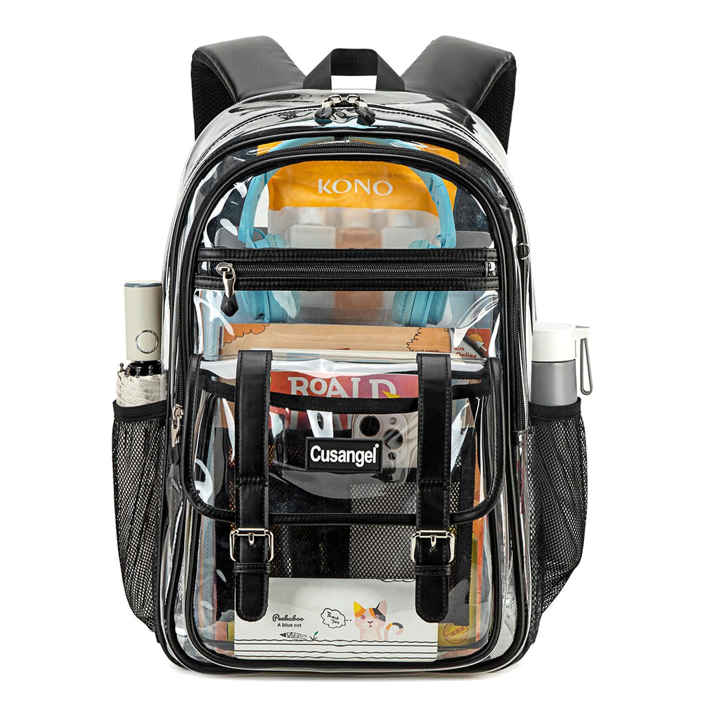 Cusangel TPU Clear backpack for Girls women,18" See Through Heavy Duty Bookbag,warehouses, school and other security check locations (Black)
