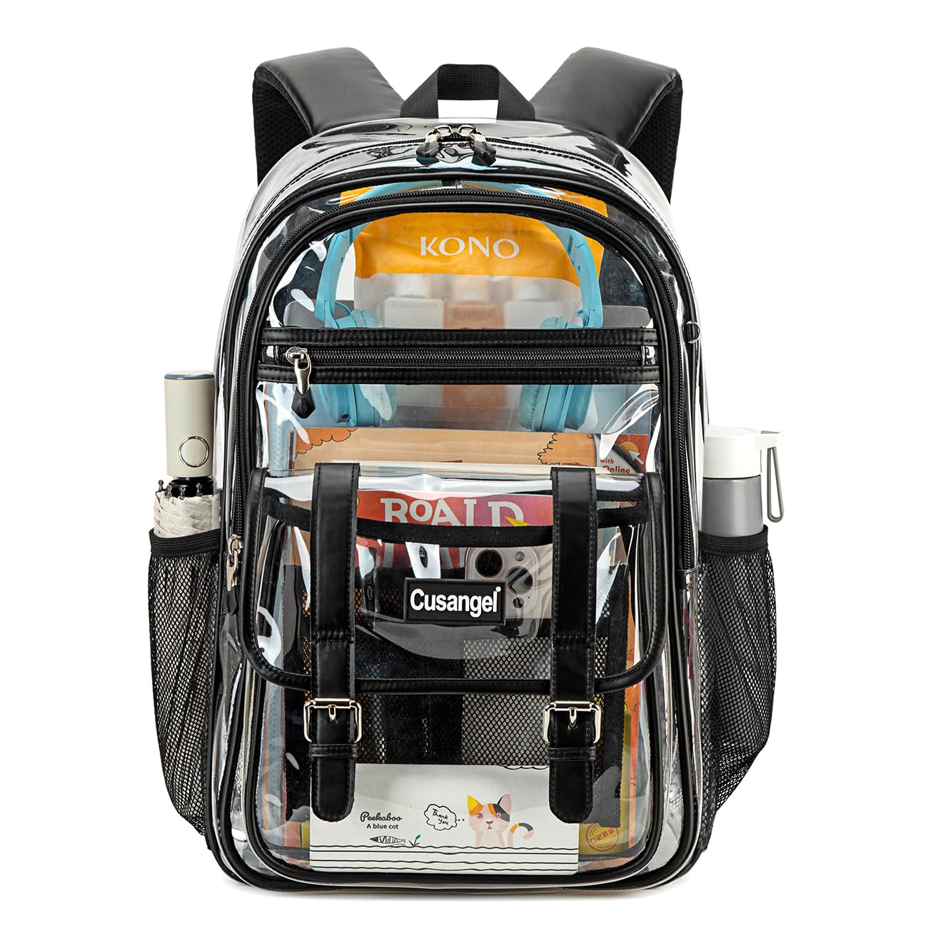 Cusangel TPU Clear backpack for Girls women,18" See Through Heavy Duty Bookbag,warehouses, school and other security check locations (Black)