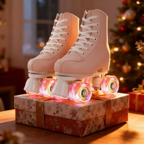 Women's Girls High-top Roller Skates with Light Up Wheels,PU Leather Classic Double-Row Roller Derby Skate for Women Men,Indoor Outdoor, Beginner-Pink White Flash Wheel,38