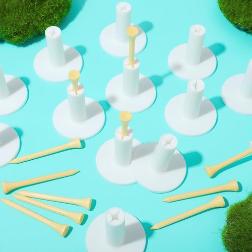 Lemecima 15 Set Golf Rubber Tee Holder Set for Driving Range Golf Practice Mat Indoor Outdoor Size 1.5 Inch (15 Golf Rubber Tee Holders, 15 Bamboo Tees)