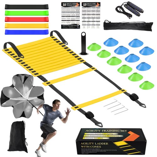 Speed Agility Training Equipment Set, Agility Ladder 20ft, 12 Football Cones, Resistance Running Parachute, Jump Rope, 5 Resistance Bands, Football Soccer Basketball Fitness Drills for Kids Adults