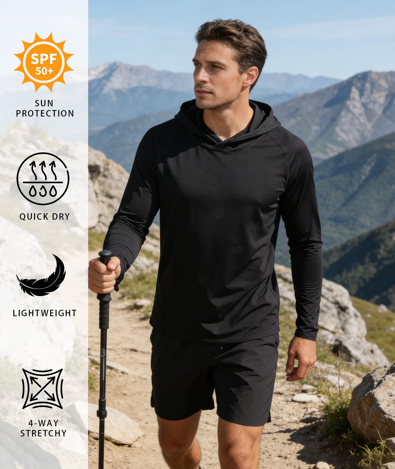 Sun Shirts for Men Long Sleeve Fishing Shirts Sun Hoodies Rash Guard Summer Hooded UPF 50+ Sun Protection Running Athletic Hoodie 5 Pack