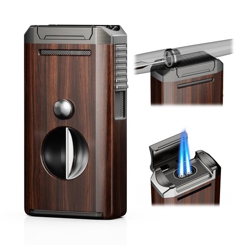 All-in-One Torch Lighter with Holder, Cutter and Dual Jet Flames, Adjustable & Windproof Flame, Refillable Butane Torch Lighter, Multifunctional Gifts for Men, Portable Accessories for Travel