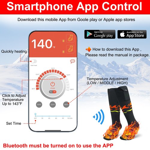 LQTTEK Heated Socks,Upgraded 10000mAh Rechargeable Electrically Heated Socks for Men Women,Up to 22 Hours,APP Remote Control,Washable Winter Warm Foot Warmer for Outdoor Work Camping Hiking Skiing - M