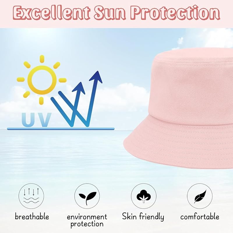 Kids Sun Hat Bucket Style UPF 50+ Pink 4-8 Years Packable Cotton