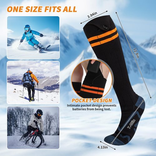 Qsocksy Electric Heated Socks for Men & Women - 6000mAh Rechargeable, Up to70 °C Large Heating Area, 8H Heat, Washable for Skiing, Hunting, Camping