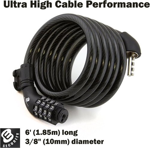 Etronic Bike Lock M6 - 6 Feet Coiled Security Cable Lock with Resettable Combo & Mounting Bracket