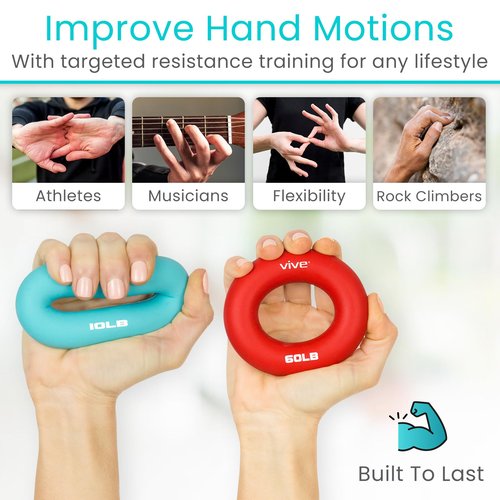 Vive Hand Strengthener Grip Ring (4 Pack) - Forearm Ring Hand Exercisers - Silicone Squeezer Gripper for Muscle Strengthening Training Tool - Arthritis Finger Physical Therapy PT Kit Trainer
