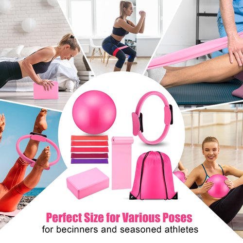 Silipull 10 Pcs Pilates Ring Blocks Set for Women Home Yoga Equipment Accessories Pilates Ring Circle and Ball Workouts Gift Include Ball Yoga Circle Resistance Bands Block Straps Gym Bag(Pink)
