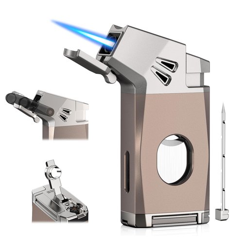 5-in-1 Torch Lighter with Straight Cutter, Punch, Holder, Draw Enhancer Tool, Adjustable Jet Flame, Gifts for Men, Butane Refillable Lighter, Multi-Functional Accessories, Lighter for Travel