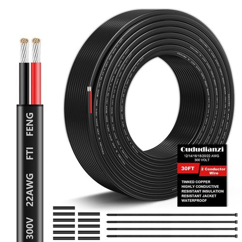 22 Gauge Wire - 2 Conductor Stranded PVC Electrical Cable | 30FT Flexible Tinned Copper for Automotive & Marine LED Lighting