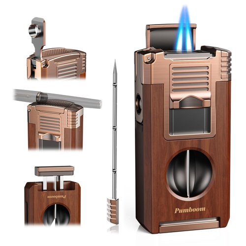 Torch Lighter with Cutter, Punch, Holder, Draw Enhancer Tool, and Dual Windproof Jet Flames, Refillable Butane Lighters with Gift Box, Multi-Function Lighter Accessories, Cool Lighters for Men