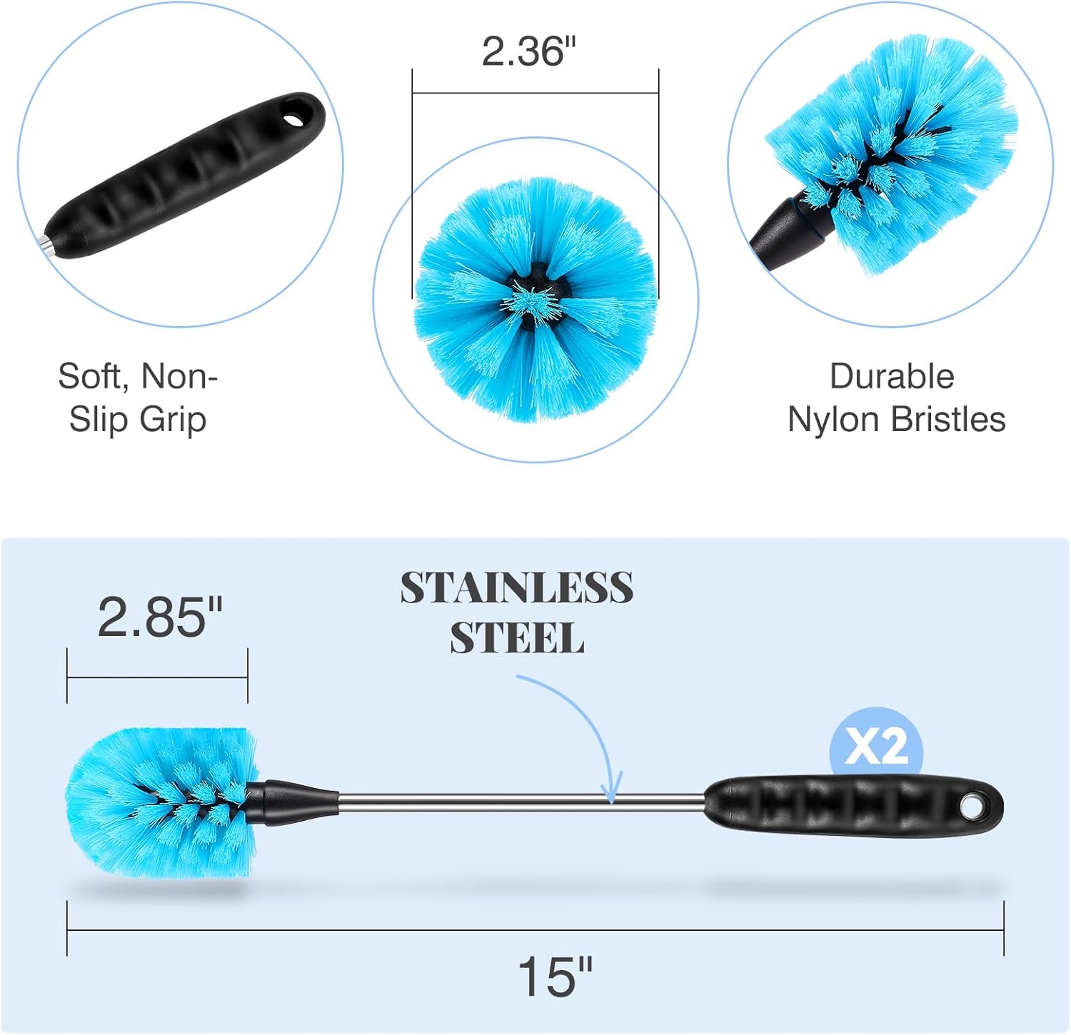 Skiennix 3-in-1 Stainless Steel Cleaning Brush Set - Long Handle for Bottles, Mugs & Tumblers