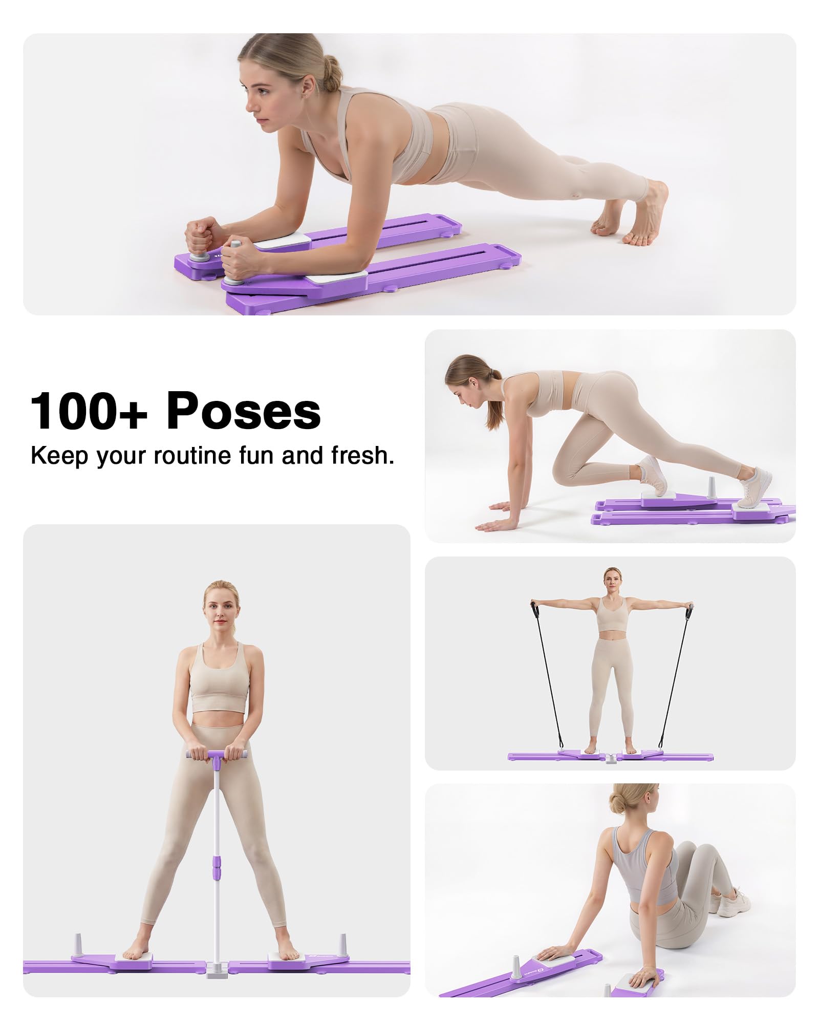 SolidFit 6-in-1 Pliates Board with Handrail & Resistance Bands - 2026 Upgrade Multifunctional Pilates Slider Board Anti-Slip Silent Portable Pilates Reformer for Home Full Body Workout Purple