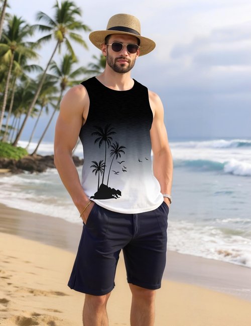 Tanihanp Men Tank Top Graphic Summer Gradient Casual Surfing Beach Tank Top Men Workout Running Swim Gym Mens Palm Tree Sleeveless Shirts XL