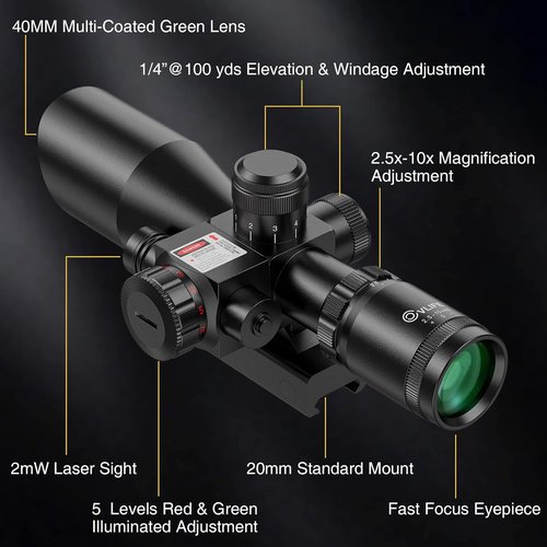 CVLIFE 2.5-10x40e Illuminated Rifle Scope - Red & Green Reticle with 20mm Mount