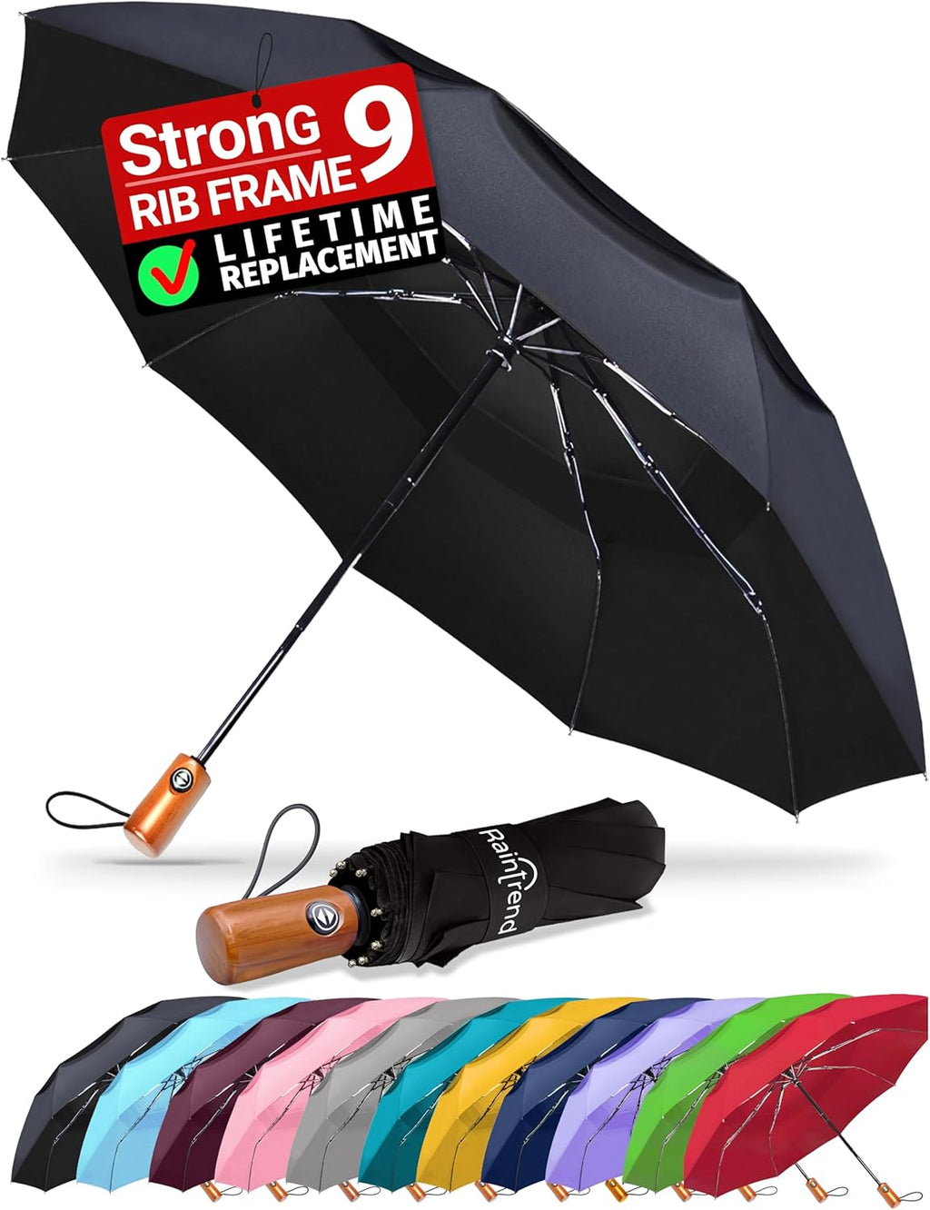 Raintrend Windproof Travel Umbrella - Automatic Open, +10% Bigger Canopy, Compact & Portable for Men & Women