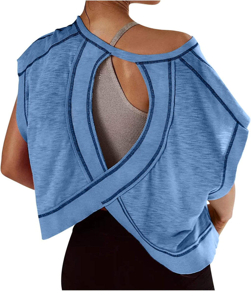 Skiennix Open Back Tops for Women - Backless Workout Short Sleeve Gym Tees | Slouchy Crop Design
