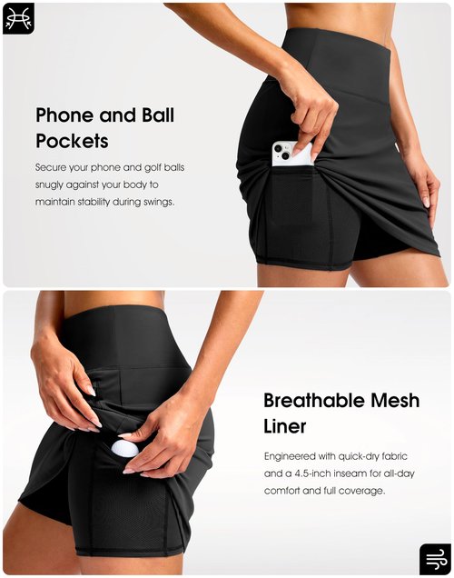 G Gradual 18" Golf Skirts for Women Zipper Pockets Mid Length Skort with Shorts Underneath High Waist Tennis Pickleball, Black, Large