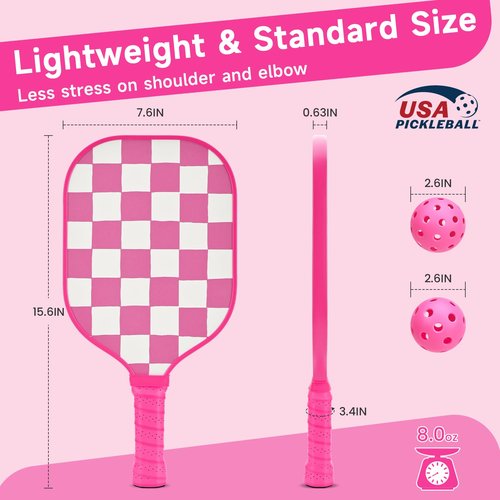 Pink Pickleball Paddles Set of 2, USAPA Approved Fiberglass Pickle Ball Set with 2 Cute Lightweight Pickleball Rackets, 2 Indoor &2 Outdoor Balls, 1 Pickleball Bag for Women, Beginner, Youth
