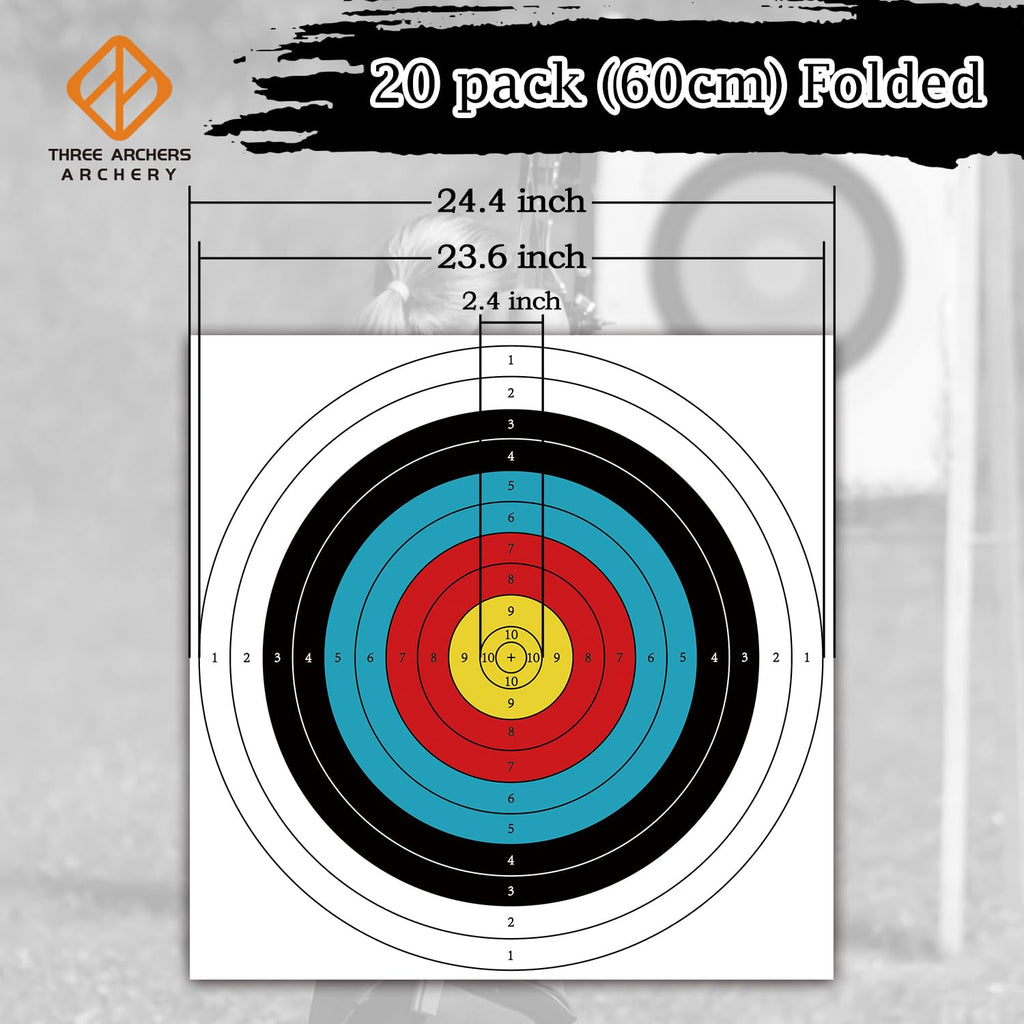 THREE ARCHERS Archery Targets Paper 20pcs Standard Archery Target for Backyard 23.6In 10 Ring Bow and Arrow Targets Face for Hunting & Shooting Archery Accessories for Target Practice