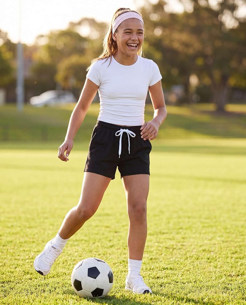 Girls' Dry Fit Shorts 4 Pack with Pockets - Sport/School Athletic Performance (Size 5+ Small Variation)