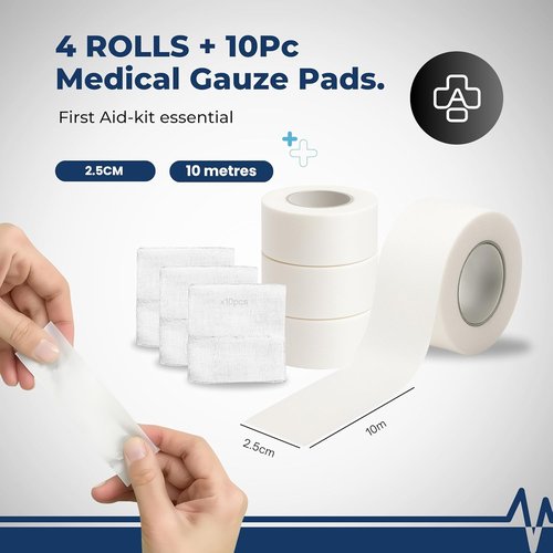NanaCare Waterproof Medical Tape - Hypoallergenic Surgical Tape with 10 Gauze Pads | 4 Rolls x 1 Inch for Sensitive Skin