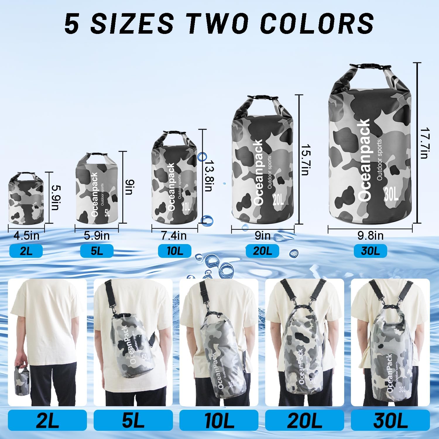 Skiennix Waterproof Dry Bag - Versatile 2L/5L/10L/20L/30L Sizes for Kayaking, Camping & Beach Use