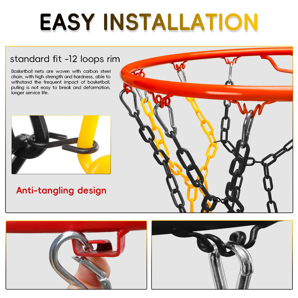 Basketball Net Replacement Heavy Duty,Resin Material, Anti-Rust Use Indoor Outdoor Standard 12-Ring Basketball Hoop (Black/Yellow)