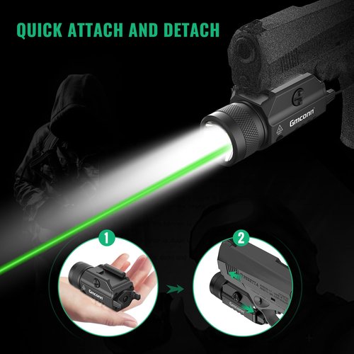 Gmconn Tactical Flashlight with Green Laser Light Combo - 1250 Lumen Rechargeable Pistol Light