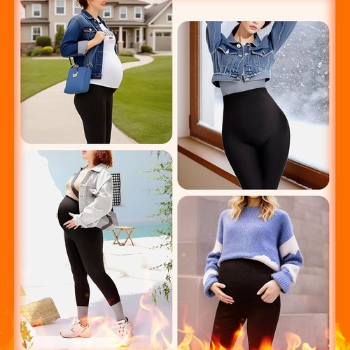 Leafigure Maternity Leggings - Fleece Lined, Buttery Soft Yoga Pants with Pockets for Winter Comfort