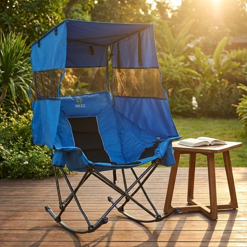 Nice C Rocking Camping Chair - XL Oversized Folding Rocker with Canopy & Cup Holder | Blue