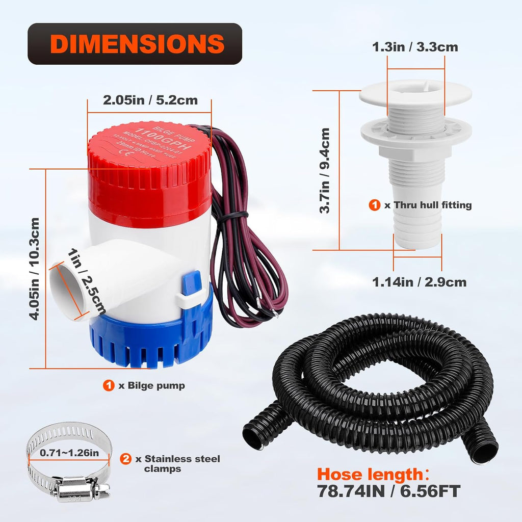 1100 GPH Boat Bilge Pump by [Brand Name] - 12V Plumbing Kit with 6FT Hose & Thru-Hull Fitting for Fishing Yachts