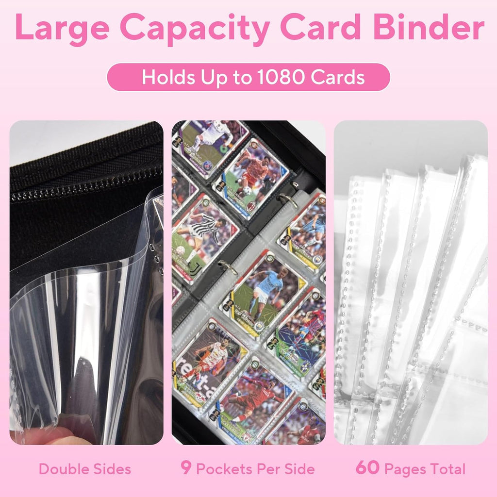 Skiennix Portable 9-Pocket Trading Card Binder - Holds 1080 Cards | Compact Pink Album Organizer
