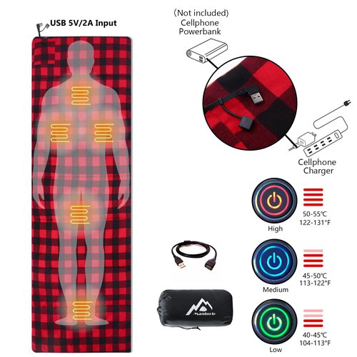 MANTUOLE Heated Sleeping Bag pad, 5 Heating Zones, Operated by 5V/2A USB Power Supply (Battery NOT Included). Black & Red Flannel