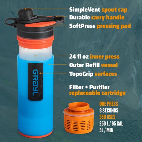 GRAYL GeoPress Water Purifier Bottle - 24 oz Filter for Hiking, Camping & Travel | Bali Blue