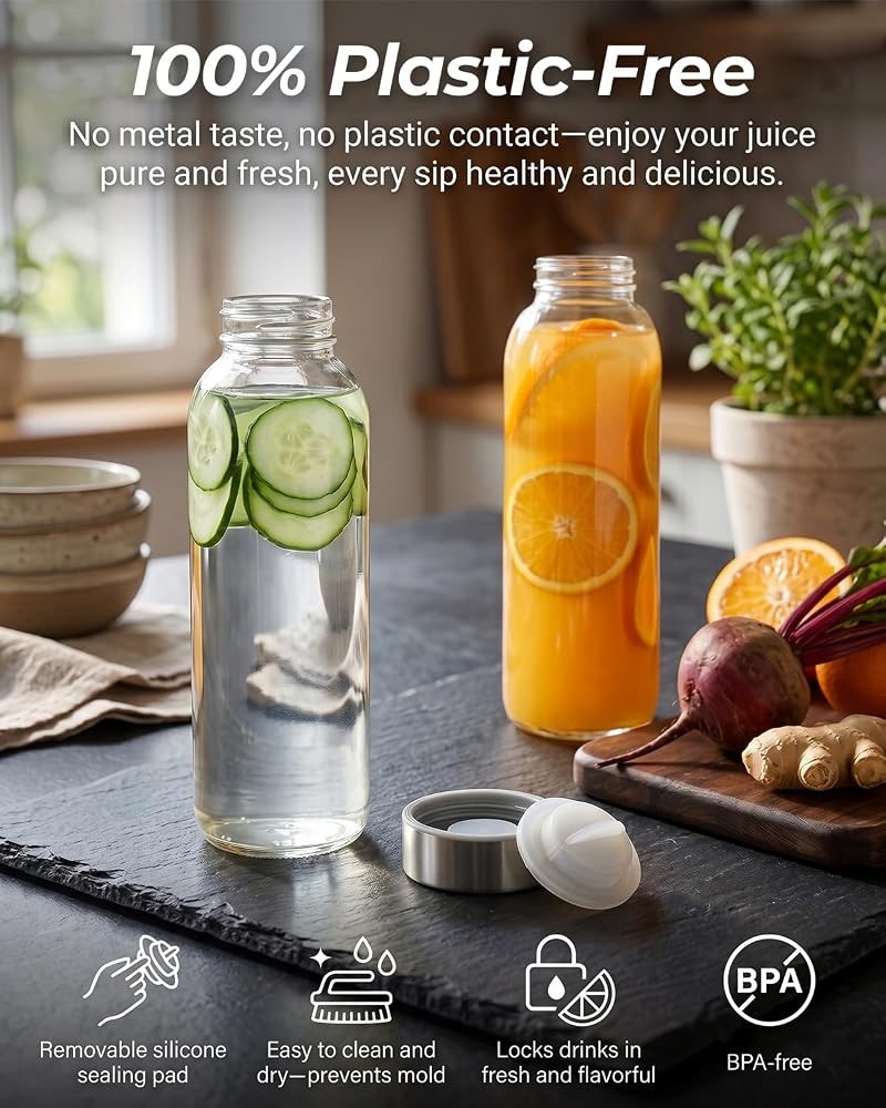 24 oz Clear Glass Juice Bottles with Stainless Steel Lids - 4 Pack (Variation: 24.0 fl oz, Silver Lids)