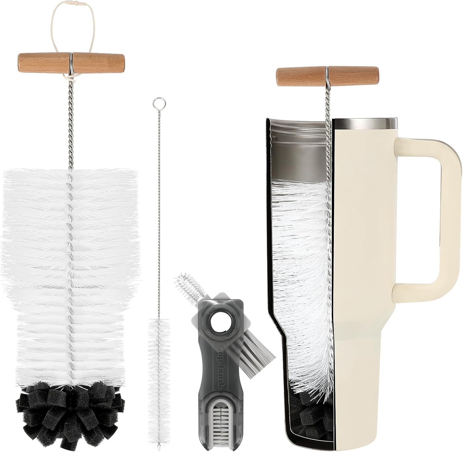 Skiennix 3-Piece Bottle Cleaning Brush Set - Long Wooden Handle for Tumblers & Mugs | Includes Straw & Lid Brushes