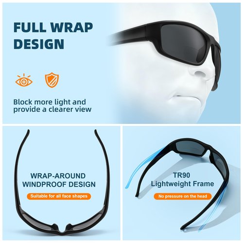 ZUVGEES Tr90 Polarized Bifocal x1.5 x2.0 x2.5 Reading Sunglasses for Fishing/Driving Wrap Around Sport Sun Readers(Black Frame/Grey Lens,200)