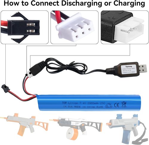 Airsoft Gel Blaster Battery - 7.4V 2000mAh LiPo Rechargeable Battery for SRB400, SRB1200, MP5K, M4