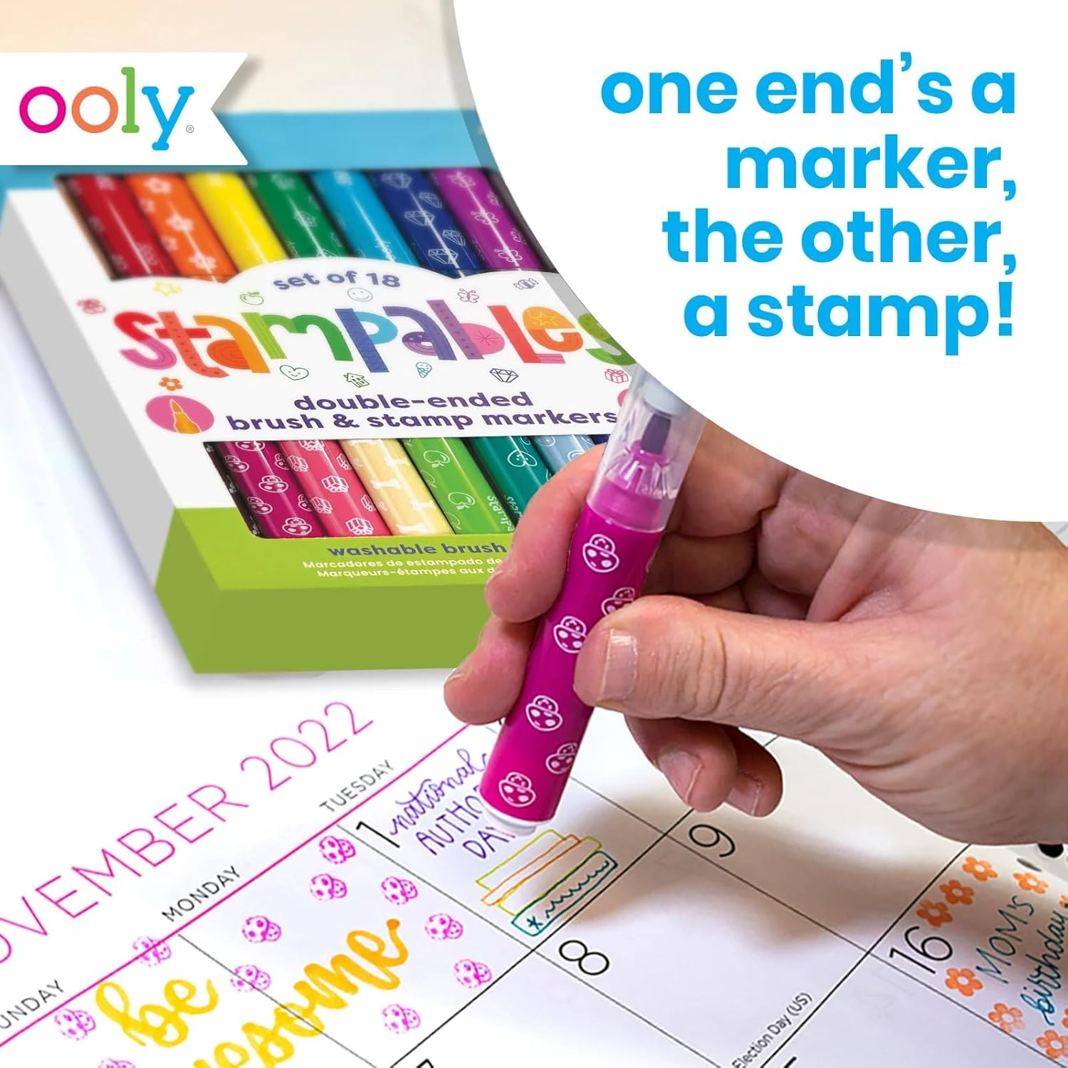 Ooly 18 Double-Sided Stamping Markers - Versatile Brush Tip & Stamp for Creative School Supplies
