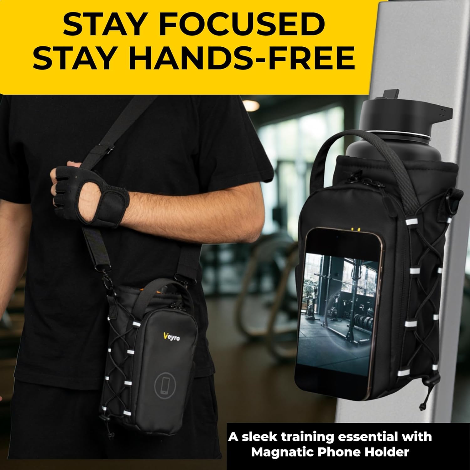 Veyro Magnetic Gym Bag - Strong Magnetic Phone Holder & Compact Crossbody Pouch - Black