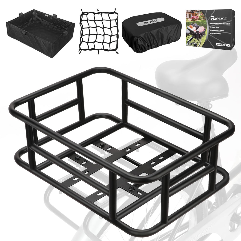 RAYMACE Rear Rack Bike Basket with Cargo Net and Liner Large Bicycle Basket Perfect Mount for Electric Bike
