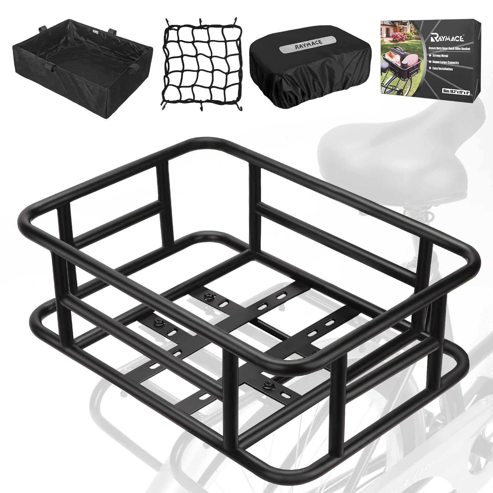 RAYMACE Rear Rack Bike Basket with Cargo Net and Liner Large Bicycle Basket Perfect Mount for Electric Bike